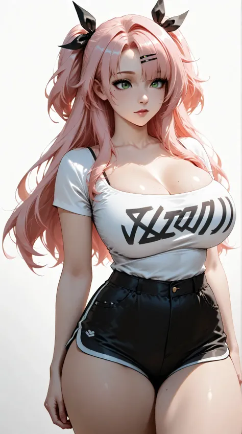 masterpiece, extremely detailed,perfect skin texture,4k,solo,1girl ,NICOLENSFW, GREEN EYES, PINK HAIR, LONG HAIR, TWO SIDE UP, LARGE BREASTS, MOLE ON BREAST, MOLE UNDER EYE, HAIRCLIP,white tshirt,shorts,mature,sexy legs,perfect body,large breasts,high deta...