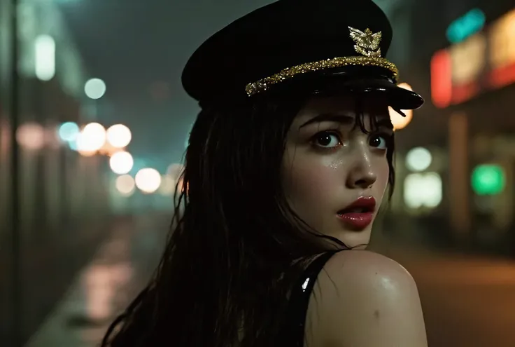 (((Burning Up Early 20th Century European Town:2.0))),((Midnight City:1.7)),(((WW2 Era Atmosphere:2.0))),side view from the back,Side pose,((Looking back and looking at the camera:2.0)),((look back over my shoulder:2.0)),Rear View,One female clown,(cute fa...