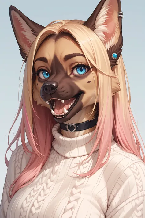 anthro german shepherd, 1girl, animal ears, solo, blue eyes, multicolored hair, pink hair, furry, teeth, furry female, jewelry, blonde hair, looking at viewer, long hair, open mouth, earrings, choker, fangs, gradient hair, sweater, portrait, simple backgro...