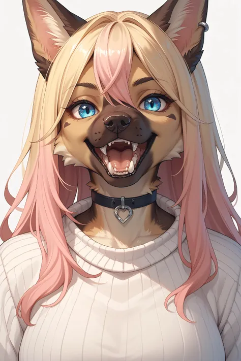 anthro german shepherd, 1girl, animal ears, solo, blue eyes, multicolored hair, pink hair, furry, teeth, furry female, jewelry, blonde hair, looking at viewer, long hair, open mouth, earrings, choker, fangs, gradient hair, sweater, portrait, simple backgro...