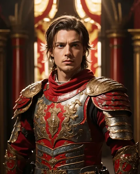 A General, he has blue eyes and brown hair. He is wearing full red armour. Realistic with cinematic vibe.