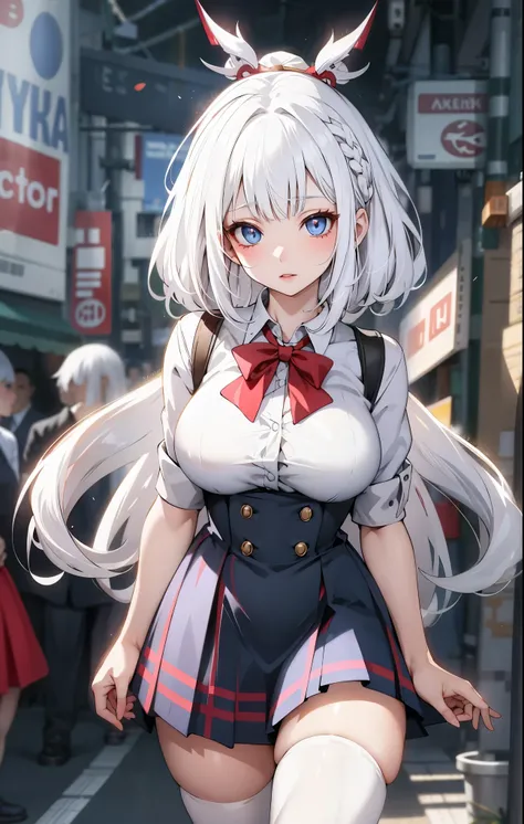 ultra high resolution, of bright colors, perfect image, high quality walkers , 1 Woman , Beautiful woman , sexy women , stand upright, looking straight , ((( white hair))), Blue Eyes, sexy doll, big-breasted dress ,anatomically correct, White ski...