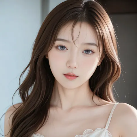 A breathtakingly beautiful young woman walking in slow motion, captured in a square 1:1 frame. She has radiant porcelain skin, large glowing eyes, full lips, and soft wavy brunette hair flowing in the breeze. Her elegant face is illuminated by golden-hour ...