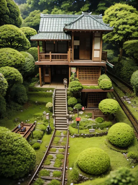 Miniature diorama crafting, Japanese forest railway station. Hand placing tiny station, mossy rails, grass patches, warm room light, nostalgic, melancholic, soft focus. 