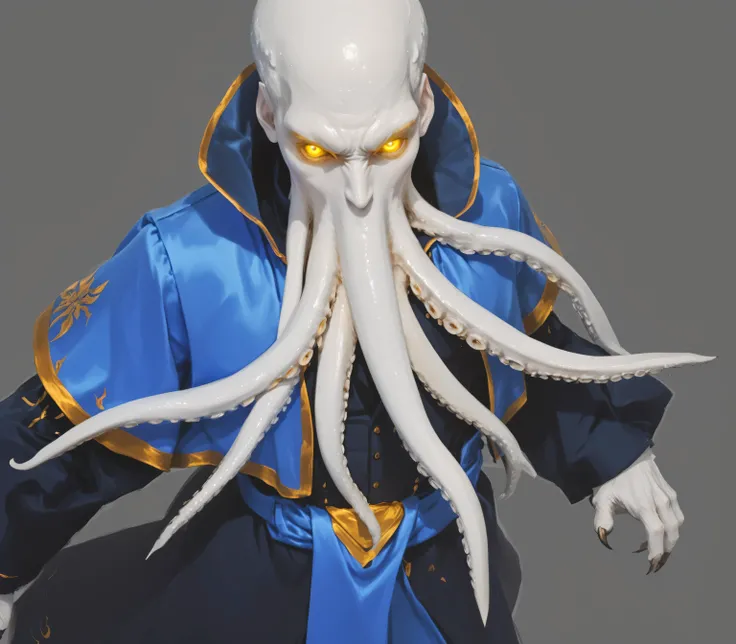 (professional 3D model:1.2) of (white octopus-headed humanoid:1.4), (pale white skin:1.3), (long facial tentacles:1.3), (bright yellow glowing eyes:1.2), (royal blue satin robe:1.3) with (golden trim and borders:1.2), (high collar with gold edging:1.1), (b...