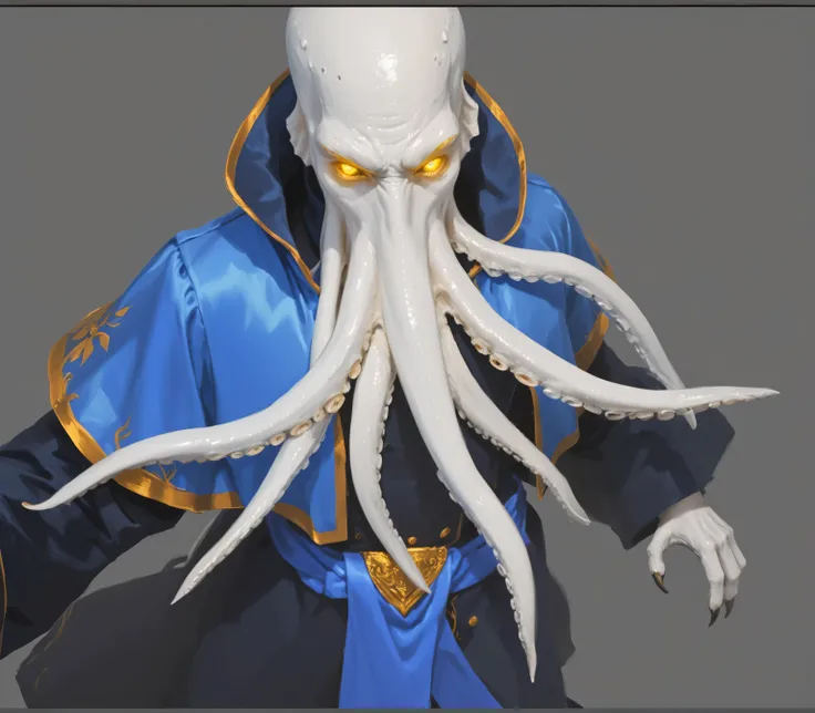 (professional 3D model:1.2) of (white octopus-headed humanoid:1.4), (pale white skin:1.3), (long facial tentacles:1.3), (bright yellow glowing eyes:1.2), (royal blue satin robe:1.3) with (golden trim and borders:1.2), (high collar with gold edging:1.1), (b...
