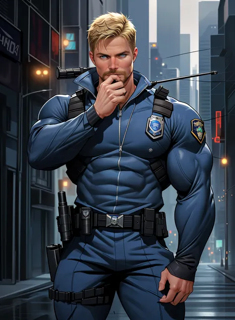 1 man, male focus solo,45 yo man,Stephen AMELL as NYPD policeMAN , lean muscle, WEARING marine blue POLICEMAN SUIT ,(), full body shot, dark blond short hair, well groomed BLOND facial hair, holding a gun with one hand, , ultra high quality, masterpiece,...