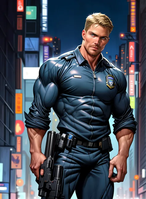 1 man, male focus solo,45 yo man,Stephen AMELL as NYPD policeMAN , lean muscle, WEARING marine blue POLICEMAN SUIT ,(), full body shot, dark blond short hair, well groomed BLOND facial hair, holding a gun with one hand, , ultra high quality, masterpiece,...