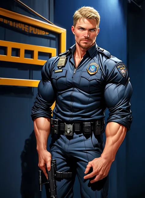 1 man, male focus solo,45 yo man,Stephen AMELL as NYPD policeMAN , lean muscle, WEARING marine blue POLICEMAN SUIT ,(), full body shot, dark blond short hair, well groomed BLOND facial hair, holding a gun with one hand, , ultra high quality, masterpiece,...