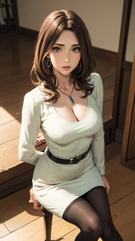 (masterpiece, Highest_quality:1.2), 1 girl, solo, mature woman, dark green hair, (glass, Watch, hoop earrings, pendant necklace, white dress, sheath dress, light green blazer, Black Belt, black tights covered with sand), beautiful eyes, woman's focus, sta...