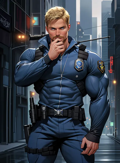 1 man, male focus solo,45 yo man,Stephen AMELL as NYPD policeMAN , lean muscle, WEARING marine blue POLICEMAN SUIT ,(), full body shot, dark blond short hair, well groomed BLOND facial hair, holding a gun with one hand, , ultra high quality, masterpiece,...