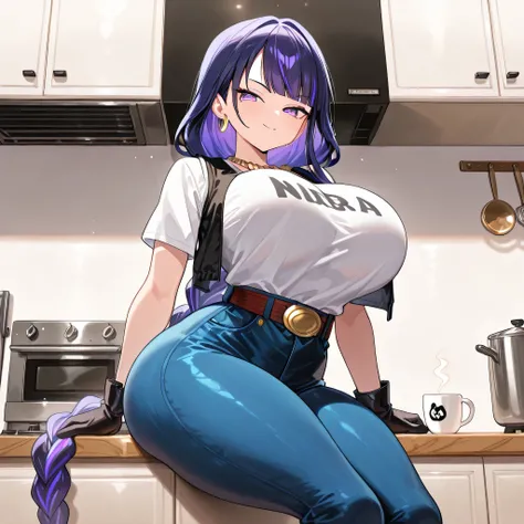 masterpiece, best quality, very aesthetic, absurdres, safe, raiden shogun, beautiful purple eyes ,long braided hair, long purple hair ,pony, android 18 costume ,wearing a white t-shirt layered over a black vest-style top. Her pants are light blue jeans wit...