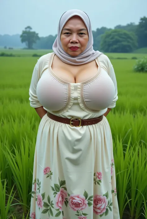 (OLD AUNTY), Mouth tied with Ship rope, Large sagging breasts, (Shiny Breasts:5.24), (plump plump) hijab hijab hijab hijab, (Photorealistic:1.6) Indonesian hijab dry aunty wear bra and (), Green background rice paddy. daytime atmosphere, hands behind back ...