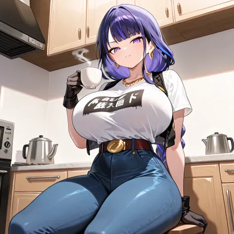 masterpiece, best quality, very aesthetic, absurdres, safe, raiden shogun, beautiful purple eyes ,long braided hair, long purple hair ,pony, android 18 costume ,wearing a white t-shirt layered over a black vest-style top. Her pants are light blue jeans wit...