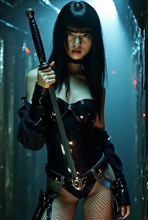 (((inside the dark spaceship Nostromo:2.0))),(((HR Gigger style cyberpunk atmosphere:2.0))),(((hold a cyberpunk-style Japanese sword:2.0))),((Point a Japanese sword at the viewer:2.0)),standing,((full body:2.0)),one woman,(cute face:2.0),(Beautiful well-ba...