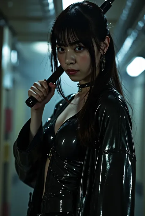 (((inside the dark spaceship Nostromo:2.0))),(((HR Gigger style cyberpunk atmosphere:2.0))),(((hold a cyberpunk-style Japanese sword:2.0))),((Point a Japanese sword at the viewer:2.0)),standing,((full body:2.0)),one woman,(cute face:2.0),(Beautiful well-ba...