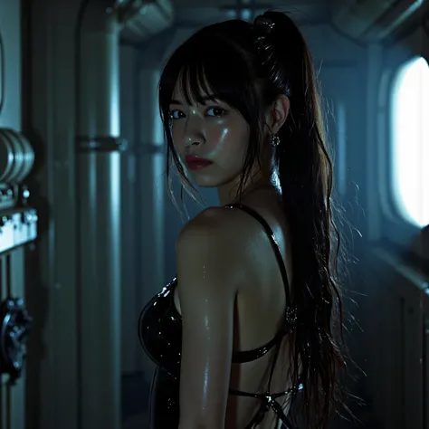 (((Inside a dark spaceship:2.0))),(((HR Gigger style cyberpunk atmosphere:2.0))),(((Has a cyberpunk Japanese sword:2.0))),side view from the back,Side pose,((Looking back and looking at the camera:2.0)),((look back over my shoulder:2.0)),Rear View,one woma...