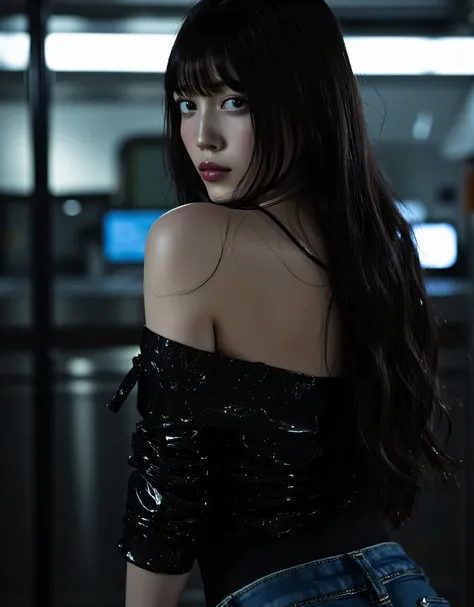 (((Inside a dark spaceship:2.0))),(((HR Gigger style cyberpunk atmosphere:2.0))),(((Has a cyberpunk Japanese sword:2.0))),side view from the back,Side pose,((Looking back and looking at the camera:2.0)),((look back over my shoulder:2.0)),Rear View,one woma...
