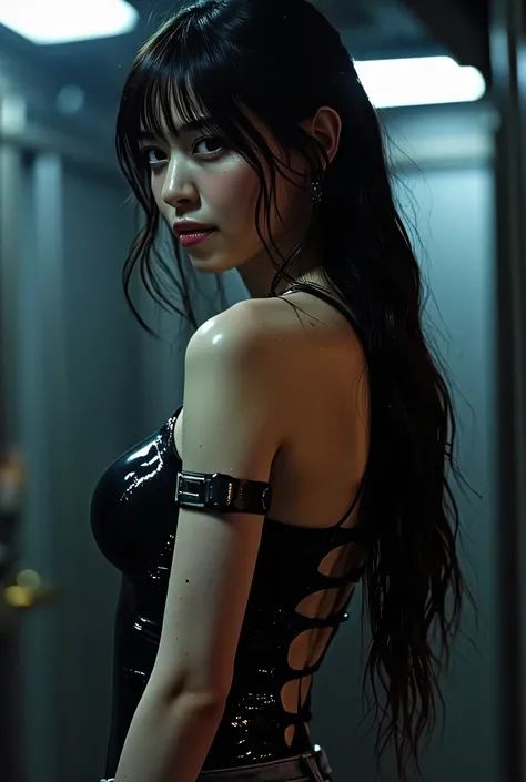 (((Inside a dark spaceship:2.0))),(((HR Gigger style cyberpunk atmosphere:2.0))),(((Has a cyberpunk Japanese sword:2.0))),side view from the back,Side pose,((Looking back and looking at the camera:2.0)),((look back over my shoulder:2.0)),Rear View,one woma...