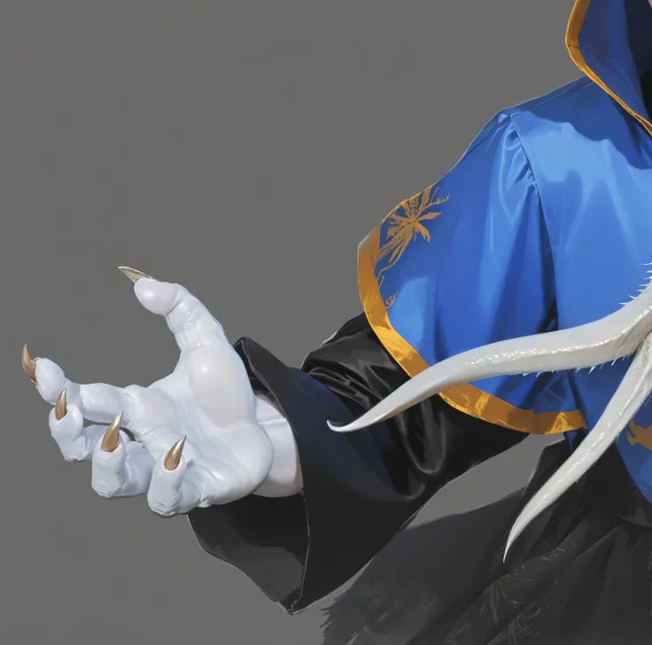 3D Rendering，realistic skin texture，light blue skin human claws，sharp claws，Human palm，Palm upwards ，black large open cuff robe，open sleeve，UE5 Rendering