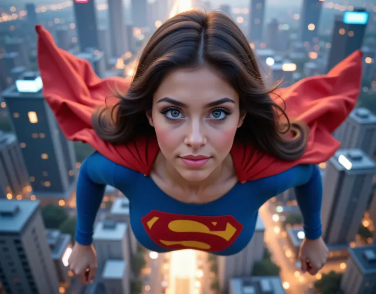 blue eyed nerdy sexy supergirl, highly detailed, 8K, photorealistic, hyperrealistic, masterpiece, realistic, sharp focus, vivid colors, dynamic pose, confident expression, flawless skin, piercing eyes, long dark hair, powerful physique, flying through the ...