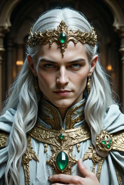 ((A very luxurious forehead decoration))The elven's long-eared, beautiful boy smiles kindly((Smooth, beautiful, straight, long silver hair))The skin is smooth and smooth((Very, very large, light greenish and silver streaks))Precise hands and fingers and a...