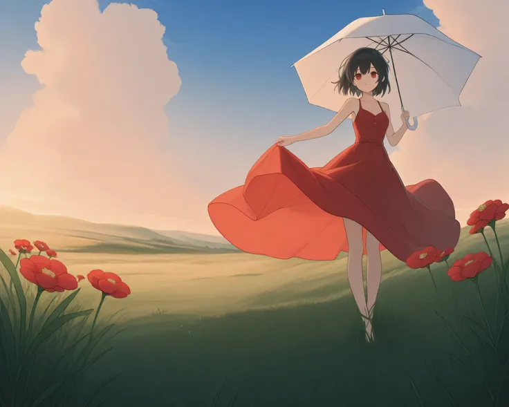The blue sky is spreading after the rain。In the grassland、There are big puddles here and there on the ground。Back view of a woman in a red dress standing with a large flower in place of an umbrella。In a different variation。I want the feeling after the rain...