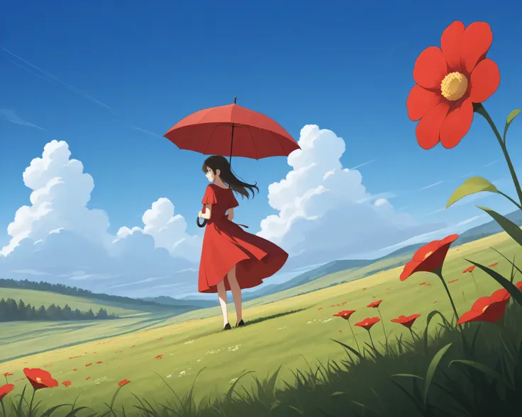 The blue sky is spreading after the rain。In the grassland、There are big puddles here and there on the ground。Back view of a woman in a red dress standing with a large flower in place of an umbrella。