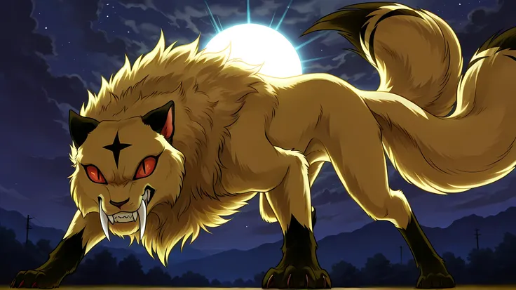 Kiara (transformed), solo, no humans, slit pupils, fangs out, long fangs, red eyes, red sclera, two tails, tan fur, black diamond mark on head, detailed fur, fluffy, detailed teeth, full body, looking at viewer, snarling, imposing look, nighttime, backligh...