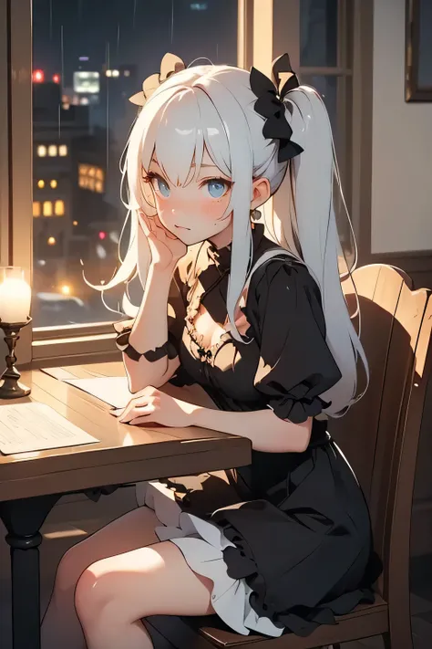 > A gothic ta girl with silver twin-tails sits alone in a softly lit vintage café booth at night. She wears the same frilly black and white dress as someone else, but her posture is slightly slouched, and her expression carries a subtle melancholy. One han...