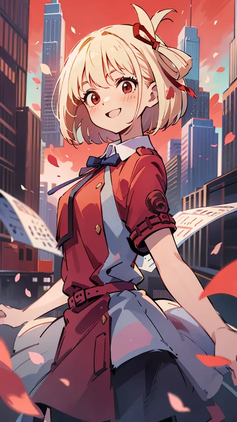 masterpiece、top quality、one woman、solo、short hair、bungs、blond hair、hair bow、one side up、bob cut、red eyes、red blush、upper body in a dark bar、red uniform、Chest、Y shirt、dress shirt、eyebrows visible from the hair、 dark blue tie ribbon 、school uniform、red skirt...