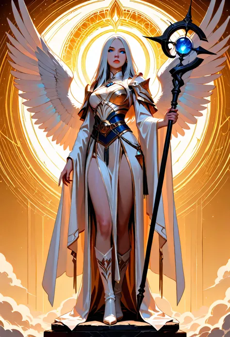 female, sorceress, casting divine spell, full body, aasimar, female, white large feathered wings, silver hair, blue eyes, determined face, divine light, intense eyes, ultra feminine, ultra detailed face, (Masterpieceת intense details:1.5), wearing white a...