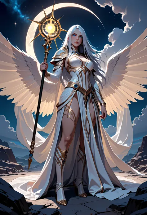 female, sorceress, casting divine spell, full body, aasimar, female, white large feathered wings, silver hair, blue eyes, determined face, divine light, intense eyes, ultra feminine, ultra detailed face, (Masterpieceת intense details:1.5), wearing white a...