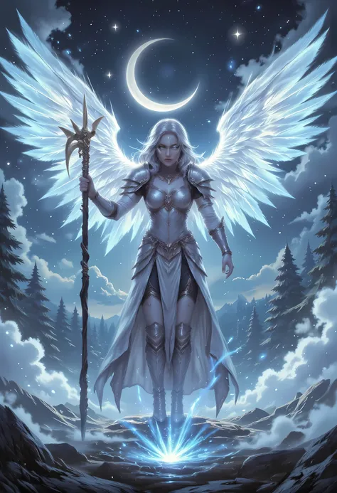 female, sorceress, casting divine spell, full body, aasimar, female, white large feathered wings, silver hair, blue eyes, determined face, divine light, intense eyes, ultra feminine, ultra detailed face, (Masterpieceת intense details:1.5), wearing white a...