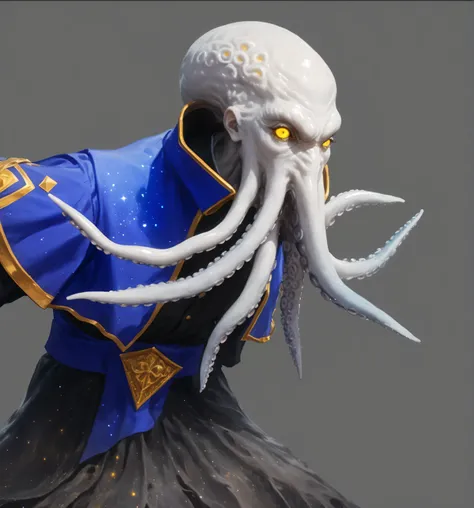 A Lovecraftian Cthulhu-style game character concept design of a humanoid octopus mage, (eldritch horror aesthetic:1.5), (cosmic horror elements:1.4), (pale white octopus head with writhing tentacles:1.5), (multiple facial tentacles with suction cups:1.4), ...