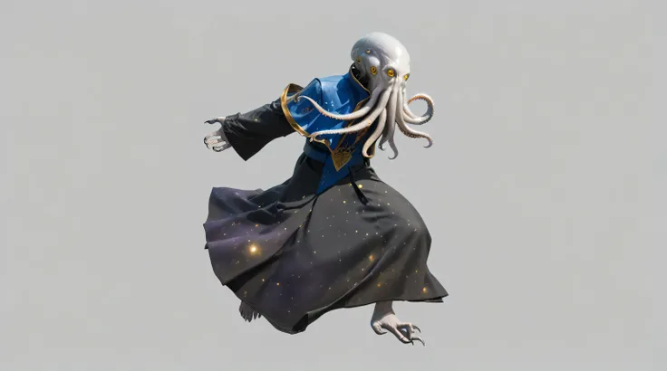 A Lovecraftian Cthulhu-style game character concept design of a humanoid octopus mage, (eldritch horror aesthetic:1.5), (cosmic horror elements:1.4), (pale white octopus head with writhing tentacles:1.5), (multiple facial tentacles with suction cups:1.4), ...