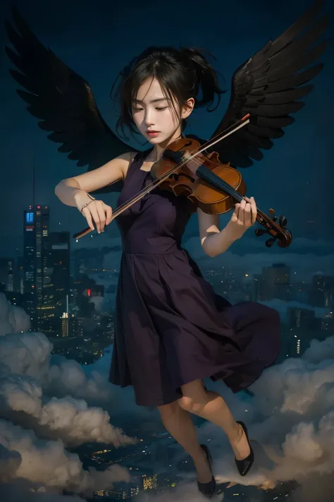 Masterpiece, in city, flying above the clouds, below there is a city, playing the violin