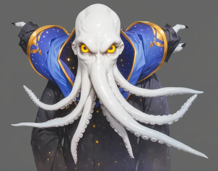 A Lovecraftian Cthulhu-style game character concept design of a humanoid octopus mage, (eldritch horror aesthetic:1.5), (cosmic horror elements:1.4), (pale white octopus head with writhing tentacles:1.5), (multiple facial tentacles with suction cups:1.4), ...