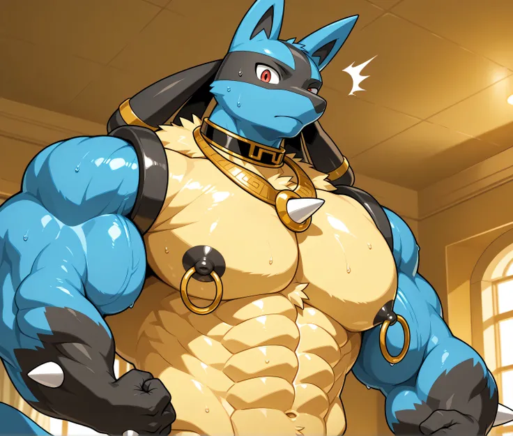 detailed background, low view, gym, close up, solo, alone score_9_up,score_8_up,score_7_up,score_6_up,score_5_up,score_4_up, BREAK kemono, bara, furry, 1boy, anthro, LucarioRS, pokemon (creature), lucario, Blue Fur, Chest Spike, Red Eyes, yellow chest fur ...