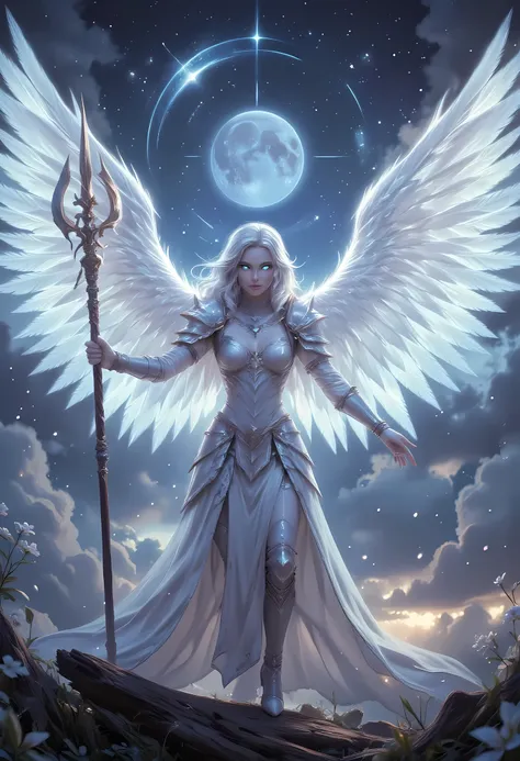female, sorceress, casting divine spell, full body, aasimar, female, white large feathered wings, silver hair, blue eyes, determined face, ultra detailed face, best detailed face, divine light, intense eyes, ultra feminine, ultra detailed face, (Masterpie...