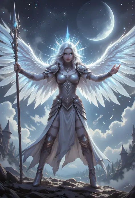 female, sorceress, casting divine spell, full body, aasimar, female, white large feathered wings, silver hair, blue eyes, determined face, ultra detailed face, best detailed face, divine light, intense eyes, ultra feminine, ultra detailed face, (Masterpie...