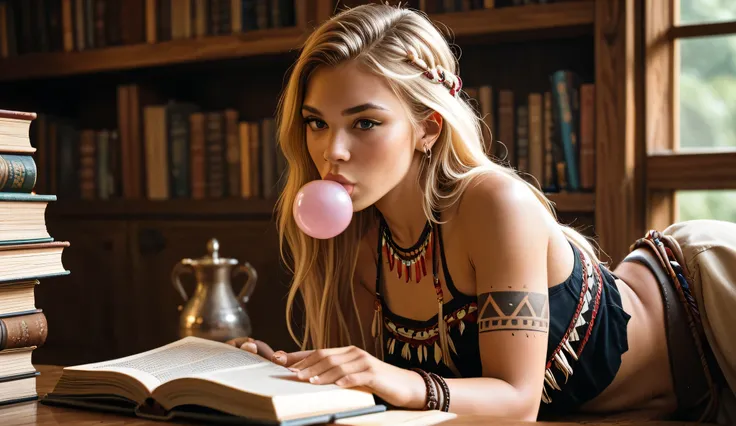 Young woman about 25 years old, Sitting in the square reading a book and chewing gum. light clothing. tribal tattoos, Blonde hair with some dreads