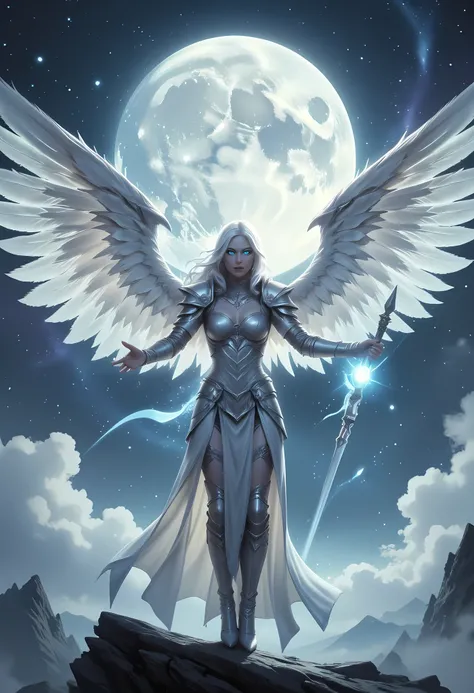 female, sorceress, casting divine spell, full body, aasimar, female, white large feathered wings, silver hair, blue eyes, determined face, ultra detailed face, best detailed face, divine light, intense eyes, ultra feminine, ultra detailed face, (Masterpie...