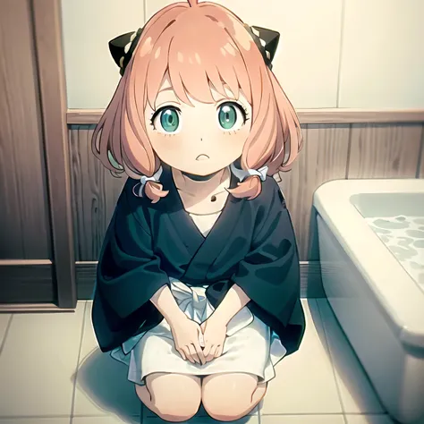 A beautiful woman in a A narrow, compact Japanese bathroom, with tiled walls, a small bathtub, and a wooden stool beside it. Steam fills the room., sitting in seiza style , politely waiting to greet someone. Pink hair, twin tails, green eyes.