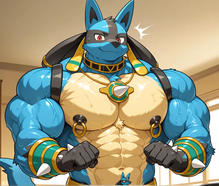 detailed background, low view, gym, close up, solo, alone score_9_up,score_8_up,score_7_up,score_6_up,score_5_up,score_4_up, BREAK kemono, bara, furry, 1boy, anthro, LucarioRS, pokemon (creature), lucario, Blue Fur, Chest Spike, Red Eyes, yellow chest fur ...