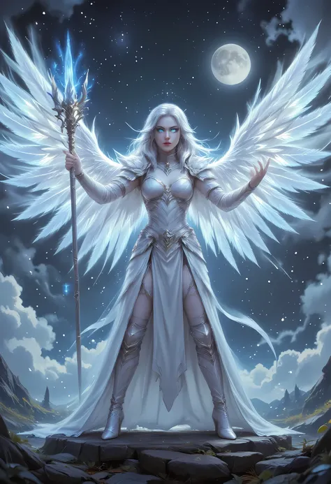 female, sorceress, casting divine spell, full body, aasimar, female, white large feathered wings, silver hair, blue eyes, determined face, ultra detailed face, best detailed face, divine light, intense eyes, ultra feminine, ultra detailed face, (Masterpie...