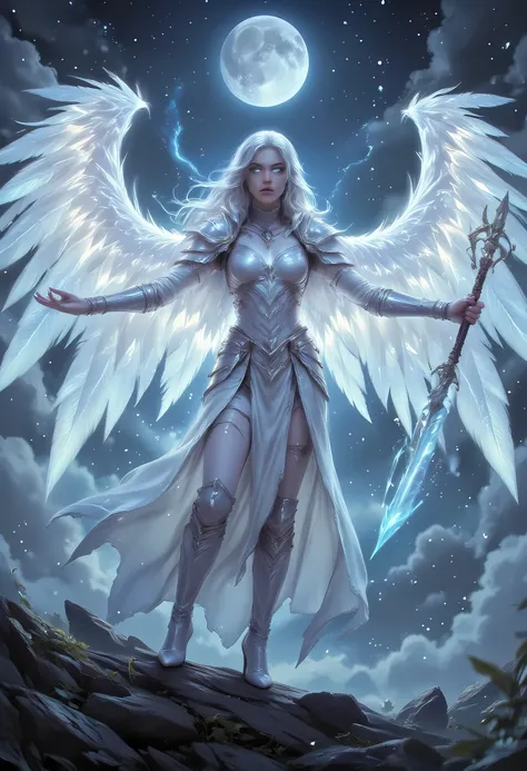 female, sorceress, casting divine spell, full body, aasimar, female, white large feathered wings, silver hair, blue eyes, determined face, ultra detailed face, best detailed face, divine light, intense eyes, ultra feminine, ultra detailed face, (Masterpie...