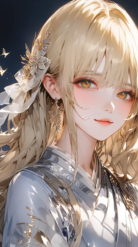 The beautiful anime girl has long blond hair,Hair length and waist,Delicate facial features,, charming golden eyes, Has a gentle expression ,Delicate hands,A beautiful silver bracelet on the wrist。。The picture uses a watercolor style,delicately shows the l...