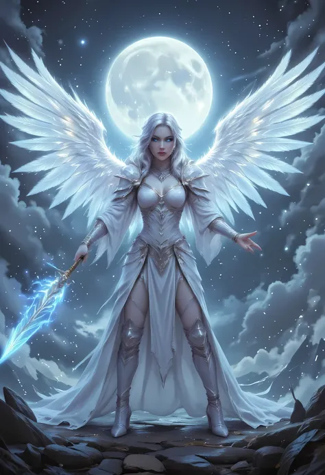 female, sorceress, casting divine spell, full body, aasimar, female, white large feathered wings, silver hair, blue eyes, determined face, ultra detailed face, best detailed face, divine light, intense eyes, ultra feminine, ultra detailed face, (Masterpie...