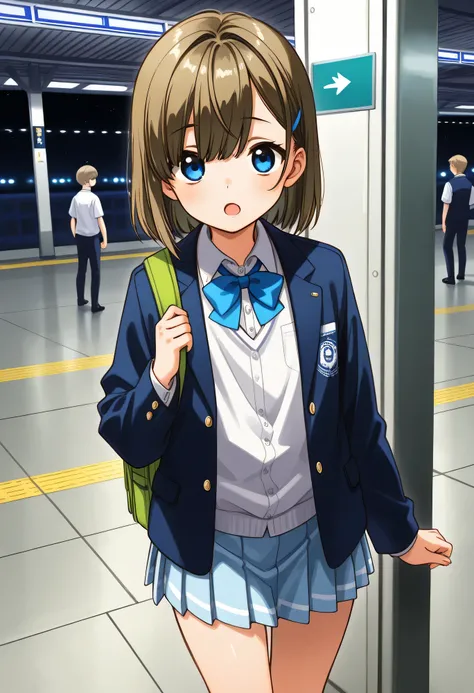 top quality、HD、masterpiece、detailed background、beautiful girl、anatomically correct、perfect body line、 Tram、station platform、JK uniform、pleated skirt、thigh、cute仕草、The open movement of the skirt、fun atmosphere、Sexual expressions、
(station platformでスカートを持ち上げて...